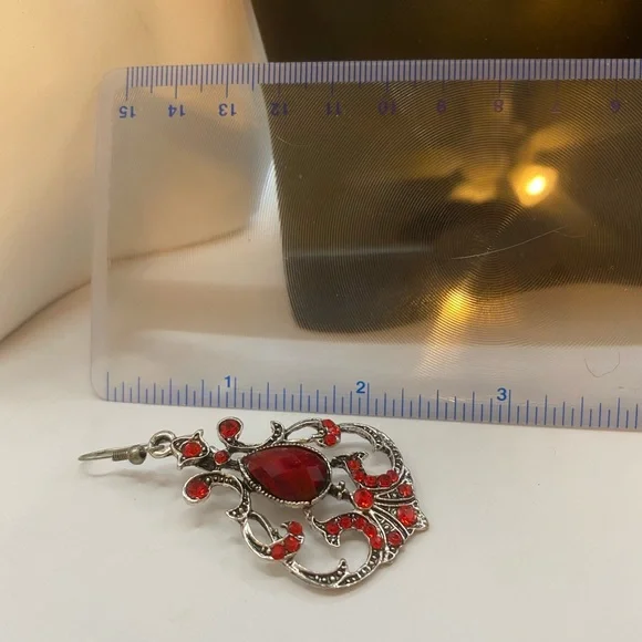 bling ruby red chandelier earrings, costume, fish hook, new. - Picture 4 of 5